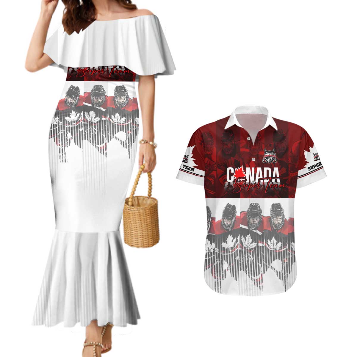 Canada Super Team Couples Matching Mermaid Dress and Hawaiian Shirt Dynamic Ice Hockey Legacy