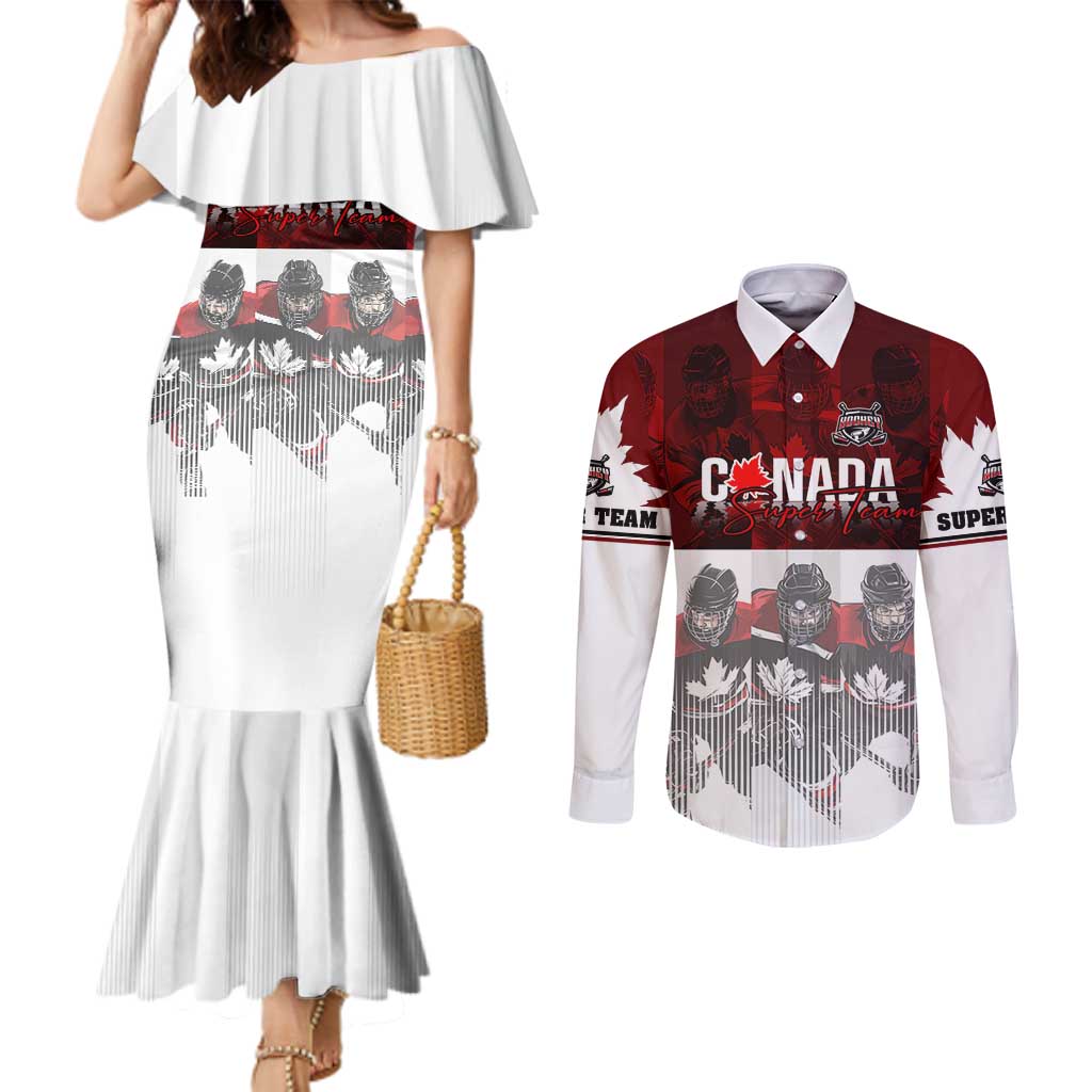 Canada Super Team Couples Matching Mermaid Dress and Long Sleeve Button Shirt Dynamic Ice Hockey Legacy