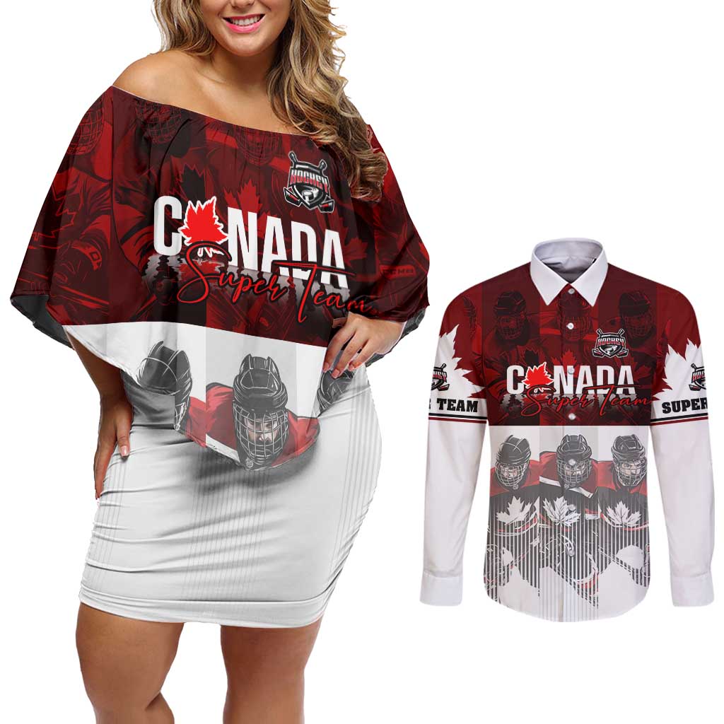 Canada Super Team Couples Matching Off Shoulder Short Dress and Long Sleeve Button Shirt Dynamic Ice Hockey Legacy