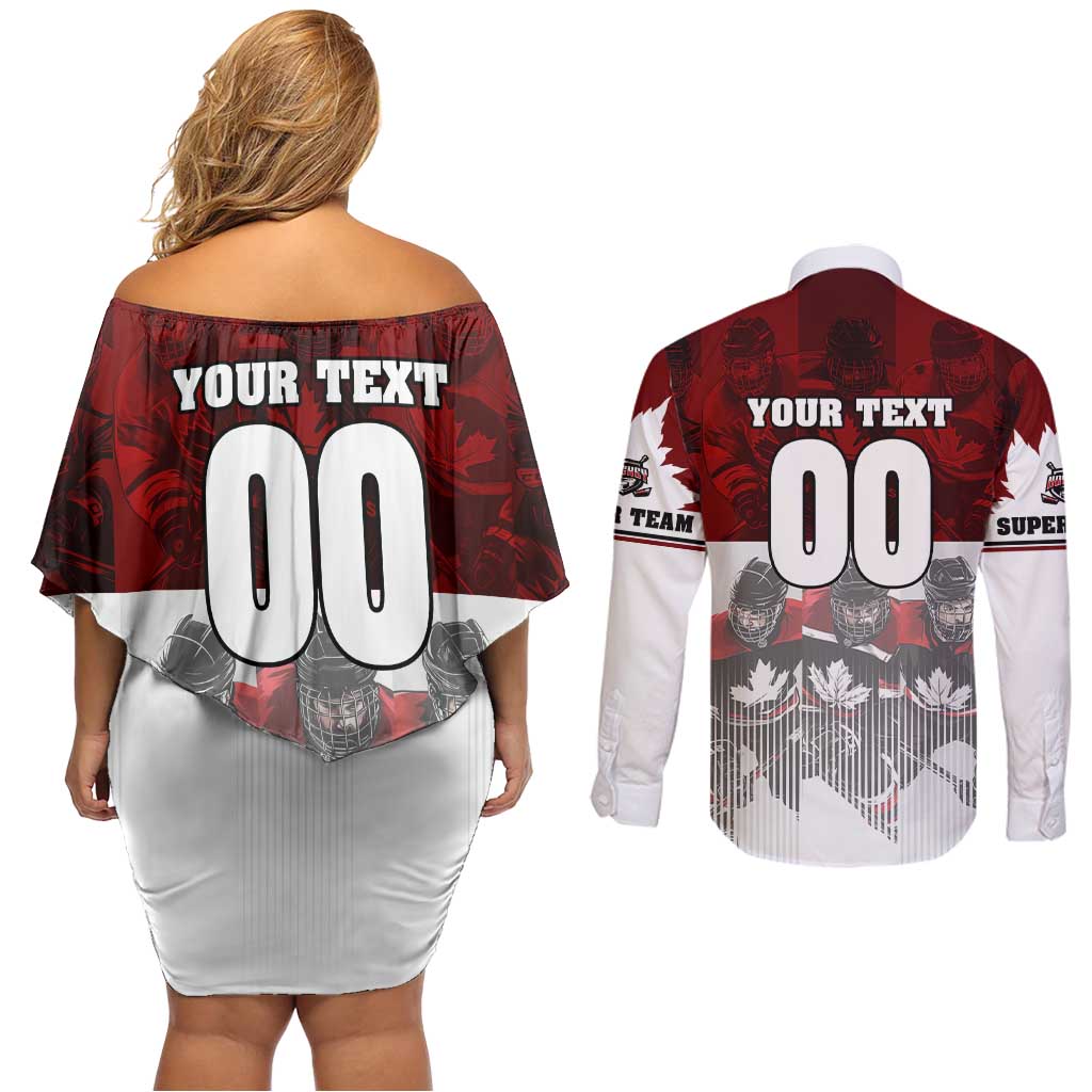 Canada Super Team Couples Matching Off Shoulder Short Dress and Long Sleeve Button Shirt Dynamic Ice Hockey Legacy