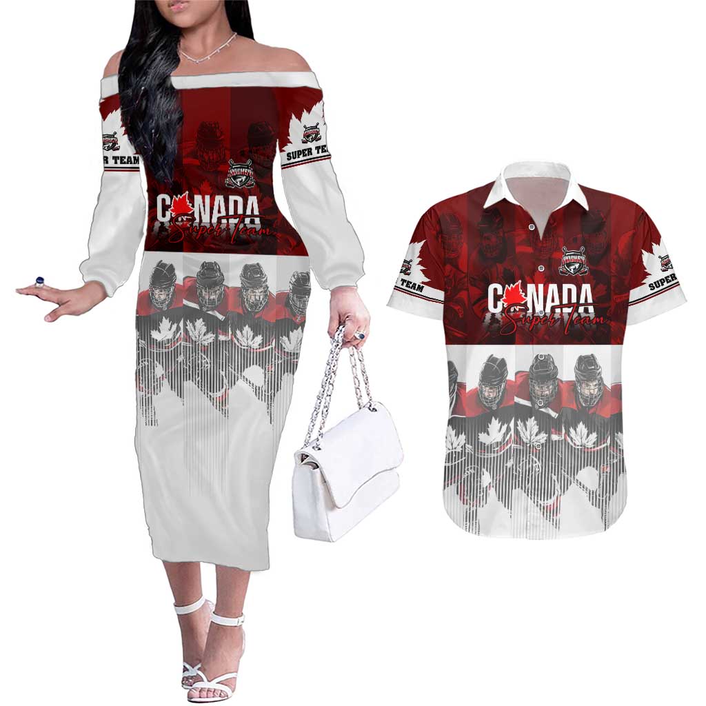 Canada Super Team Couples Matching Off The Shoulder Long Sleeve Dress and Hawaiian Shirt Dynamic Ice Hockey Legacy