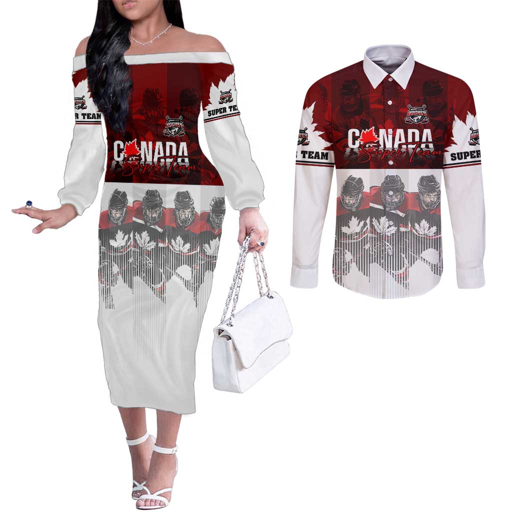 Canada Super Team Couples Matching Off The Shoulder Long Sleeve Dress and Long Sleeve Button Shirt Dynamic Ice Hockey Legacy