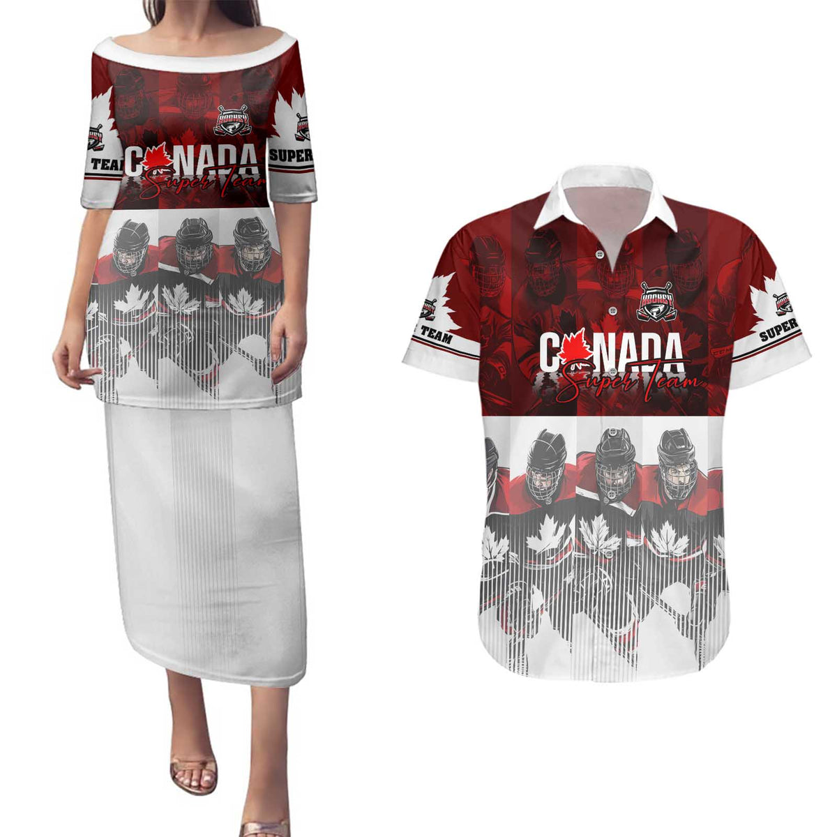 Canada Super Team Couples Matching Puletasi and Hawaiian Shirt Dynamic Ice Hockey Legacy