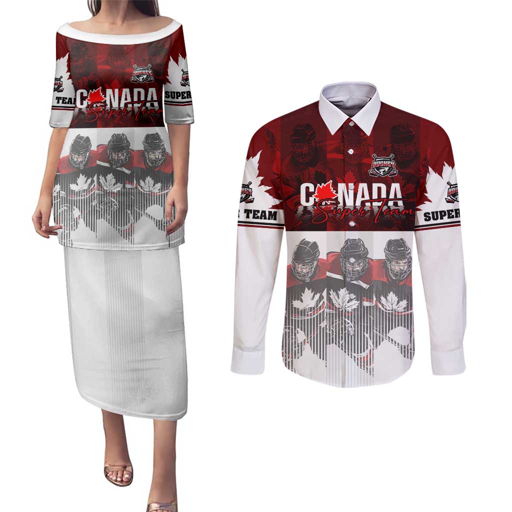 Canada Super Team Couples Matching Puletasi and Long Sleeve Button Shirt Dynamic Ice Hockey Legacy