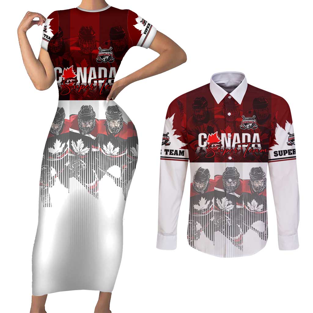 Canada Super Team Couples Matching Short Sleeve Bodycon Dress and Long Sleeve Button Shirt Dynamic Ice Hockey Legacy