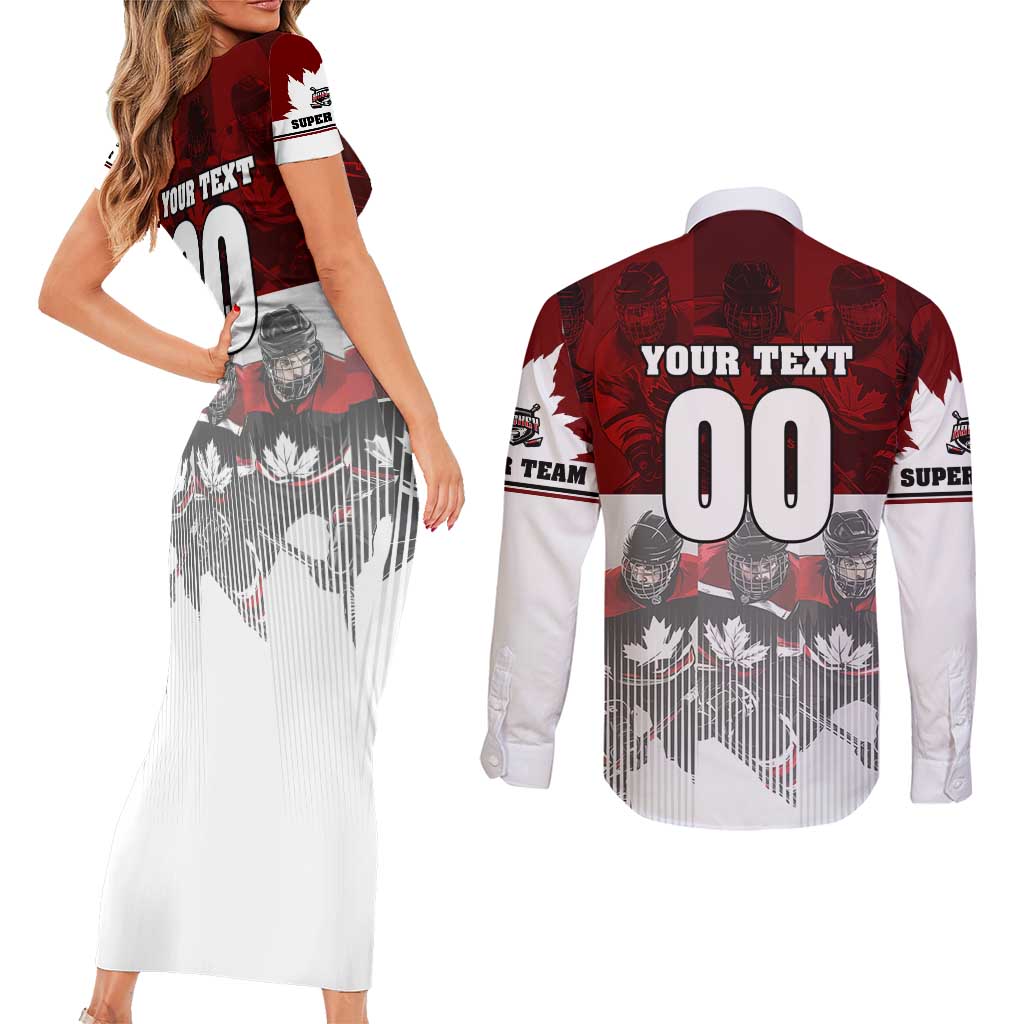 Canada Super Team Couples Matching Short Sleeve Bodycon Dress and Long Sleeve Button Shirt Dynamic Ice Hockey Legacy