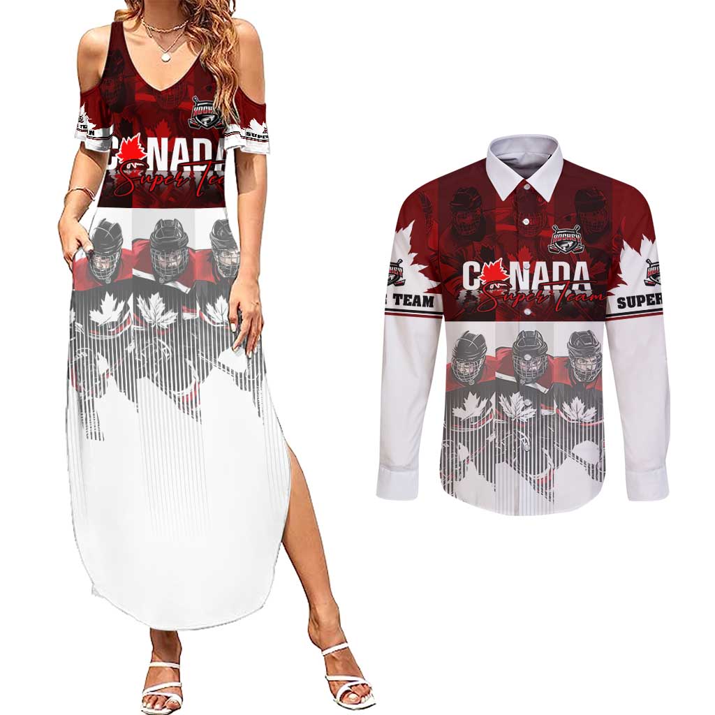 Canada Super Team Couples Matching Summer Maxi Dress and Long Sleeve Button Shirt Dynamic Ice Hockey Legacy