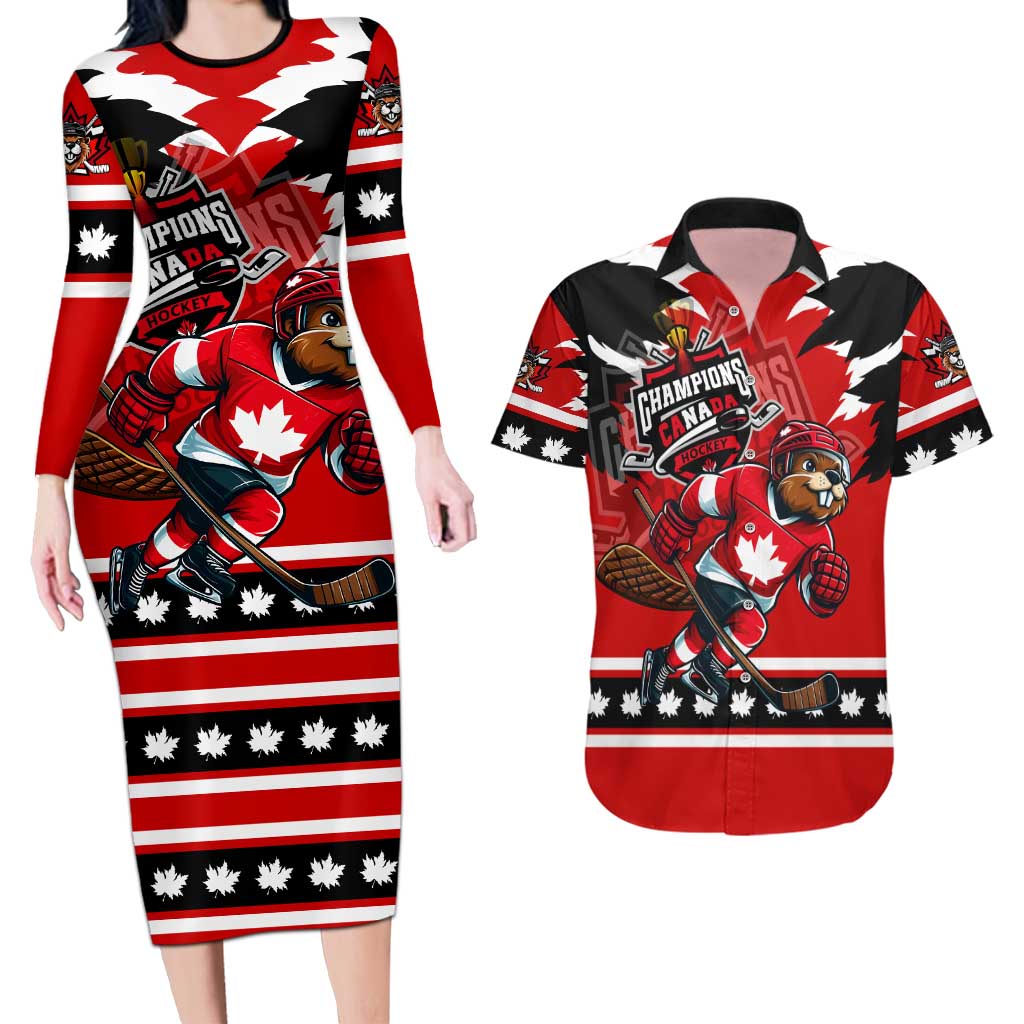 Personalized Champions Canada Hockey Couples Matching Long Sleeve Bodycon Dress and Hawaiian Shirt Fierce Beaver on Ice