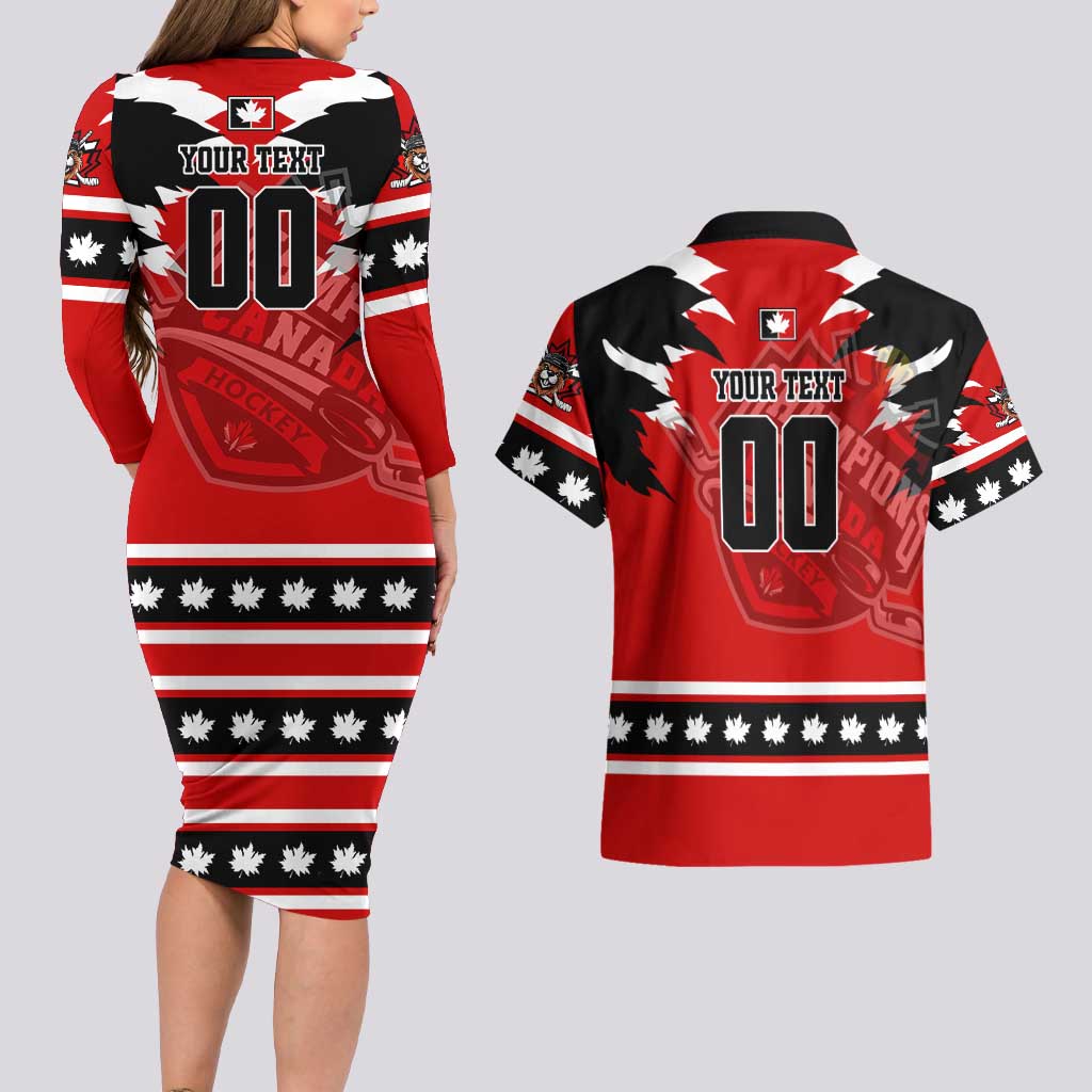 Personalized Champions Canada Hockey Couples Matching Long Sleeve Bodycon Dress and Hawaiian Shirt Fierce Beaver on Ice