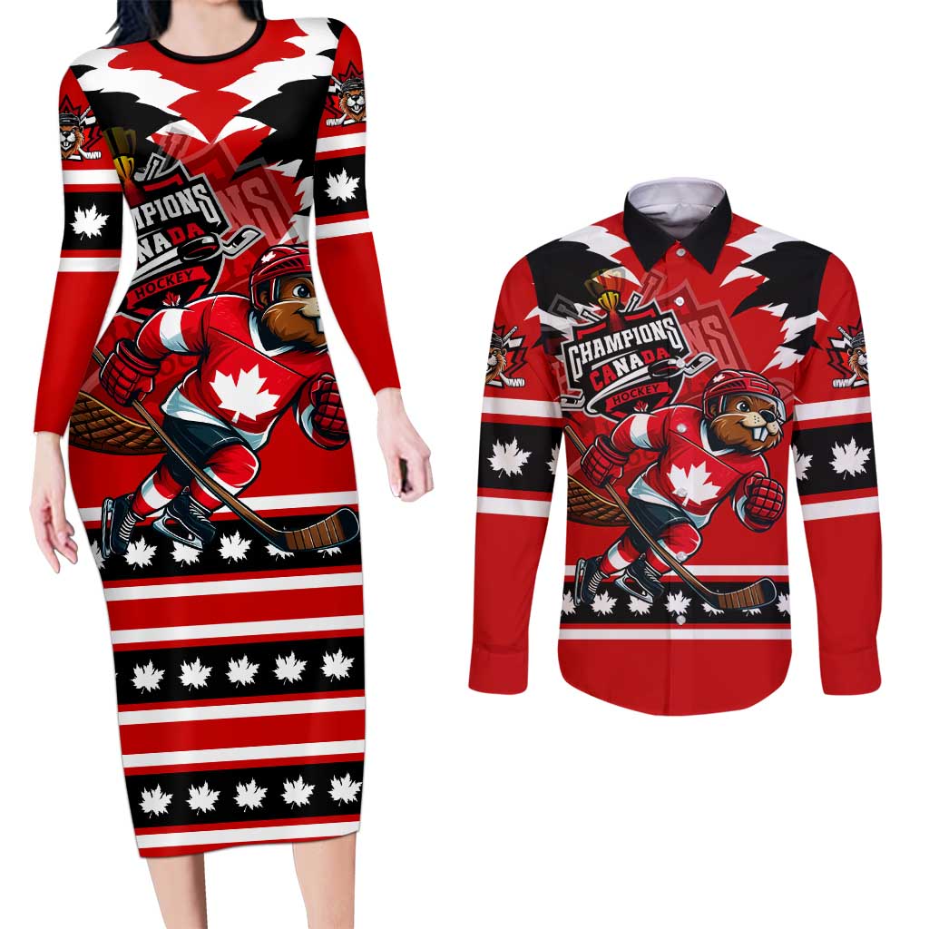 Personalized Champions Canada Hockey Couples Matching Long Sleeve Bodycon Dress and Long Sleeve Button Shirt Fierce Beaver on Ice