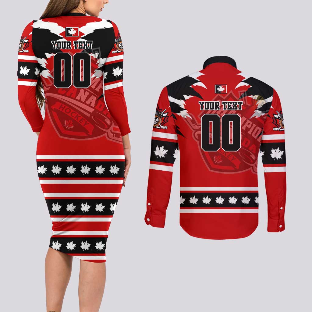 Personalized Champions Canada Hockey Couples Matching Long Sleeve Bodycon Dress and Long Sleeve Button Shirt Fierce Beaver on Ice