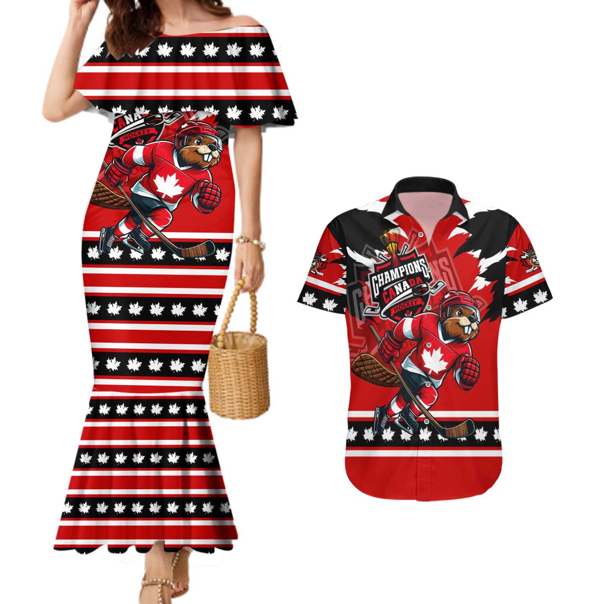 Personalized Champions Canada Hockey Couples Matching Mermaid Dress and Hawaiian Shirt Fierce Beaver on Ice