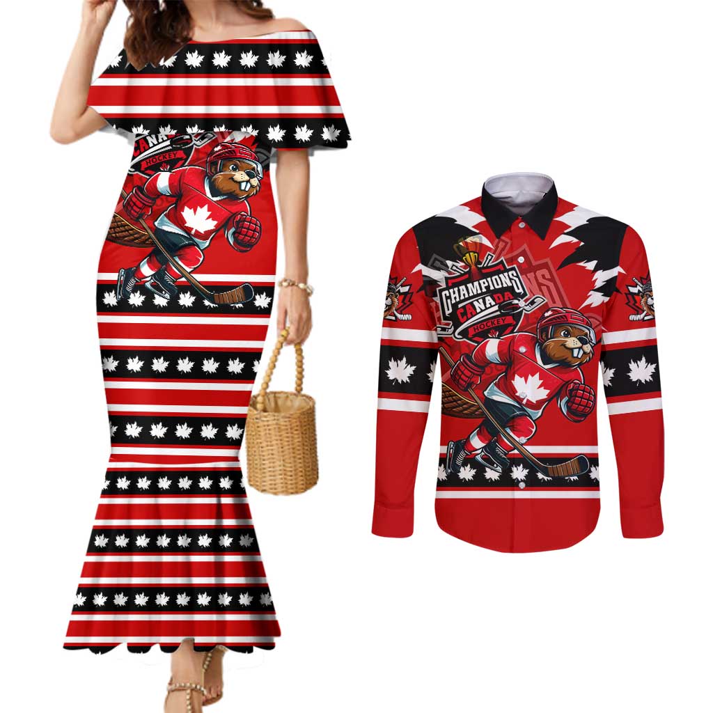 Personalized Champions Canada Hockey Couples Matching Mermaid Dress and Long Sleeve Button Shirt Fierce Beaver on Ice