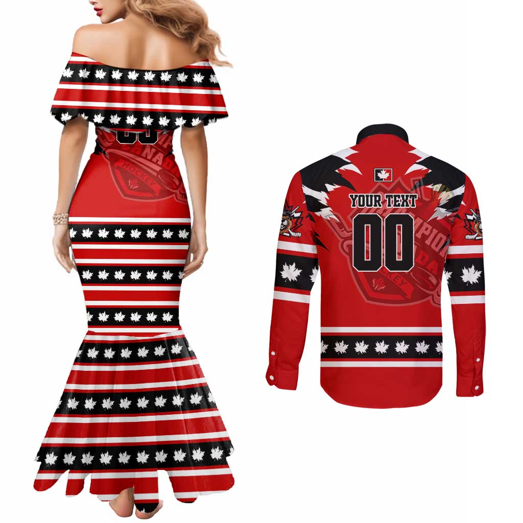 Personalized Champions Canada Hockey Couples Matching Mermaid Dress and Long Sleeve Button Shirt Fierce Beaver on Ice