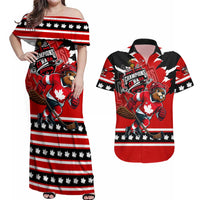 Personalized Champions Canada Hockey Couples Matching Off Shoulder Maxi Dress and Hawaiian Shirt Fierce Beaver on Ice