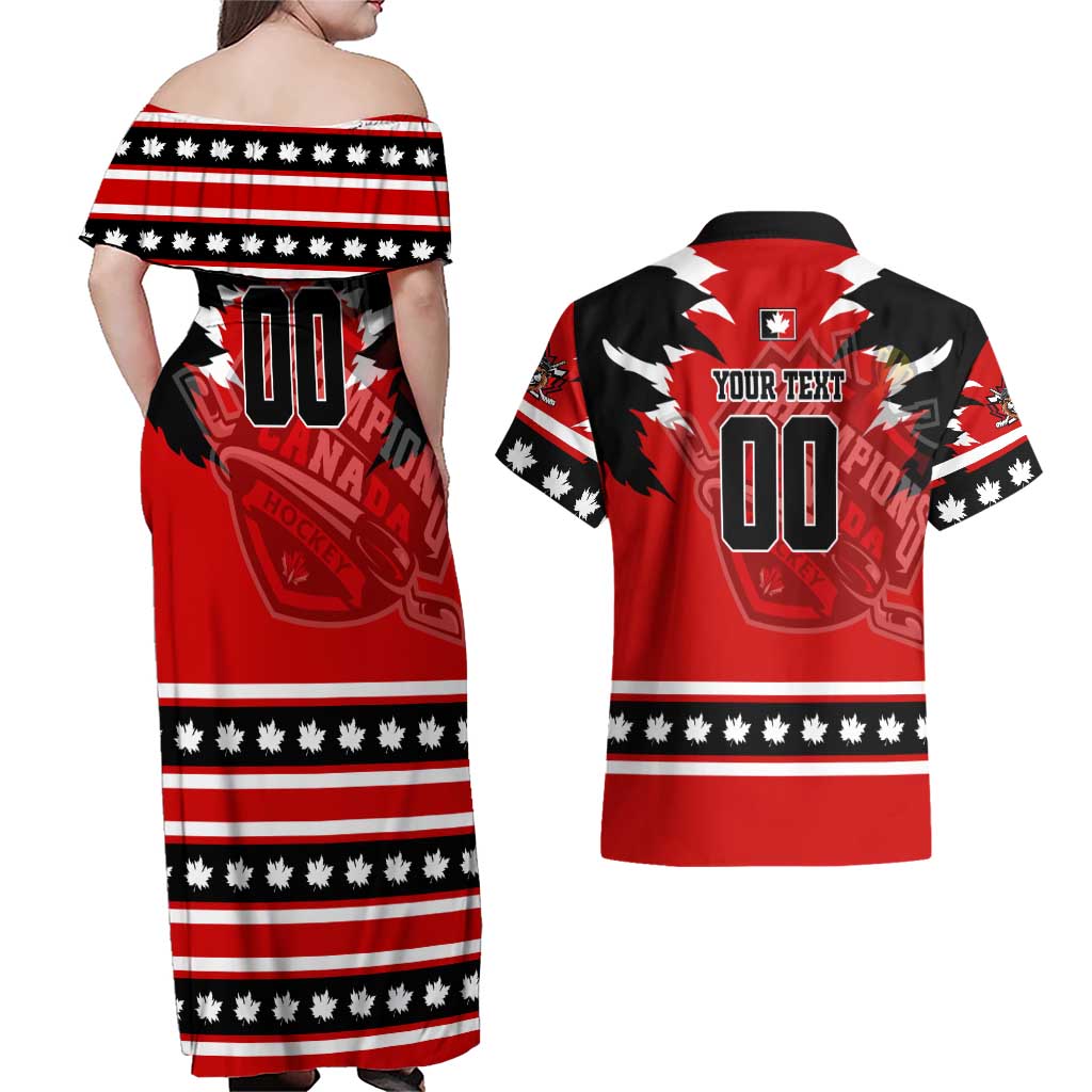 Personalized Champions Canada Hockey Couples Matching Off Shoulder Maxi Dress and Hawaiian Shirt Fierce Beaver on Ice