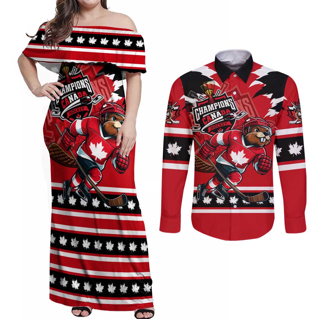 Personalized Champions Canada Hockey Couples Matching Off Shoulder Maxi Dress and Long Sleeve Button Shirt Fierce Beaver on Ice