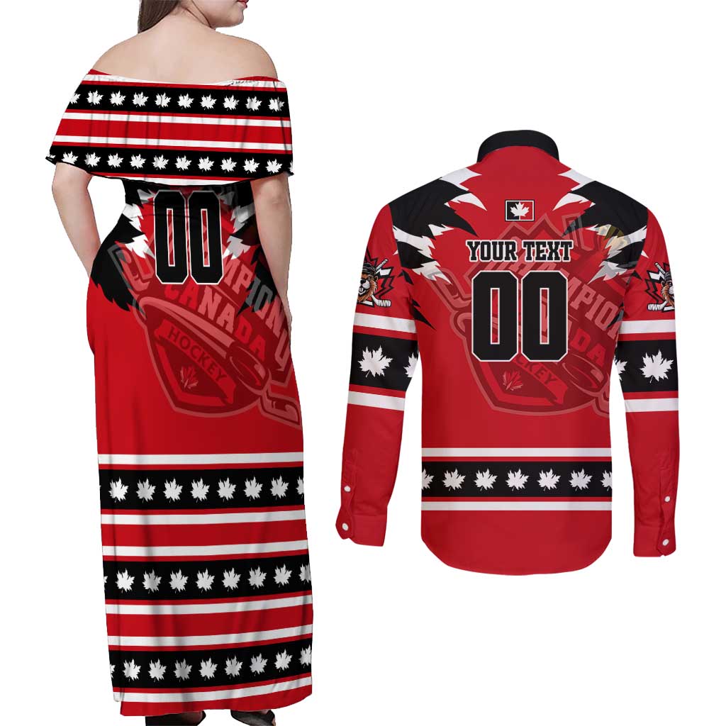 Personalized Champions Canada Hockey Couples Matching Off Shoulder Maxi Dress and Long Sleeve Button Shirt Fierce Beaver on Ice