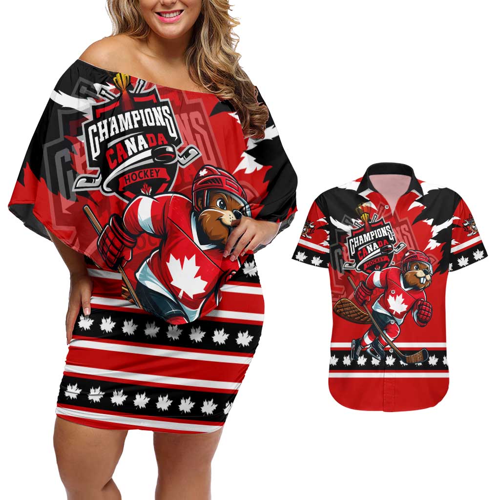 Personalized Champions Canada Hockey Couples Matching Off Shoulder Short Dress and Hawaiian Shirt Fierce Beaver on Ice