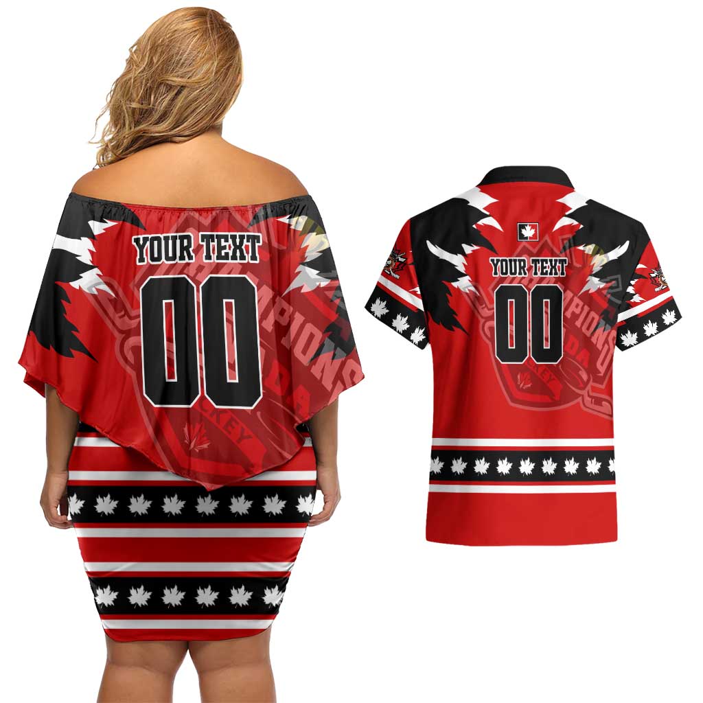 Personalized Champions Canada Hockey Couples Matching Off Shoulder Short Dress and Hawaiian Shirt Fierce Beaver on Ice