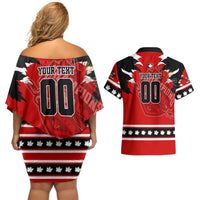 Personalized Champions Canada Hockey Couples Matching Off Shoulder Short Dress and Hawaiian Shirt Fierce Beaver on Ice