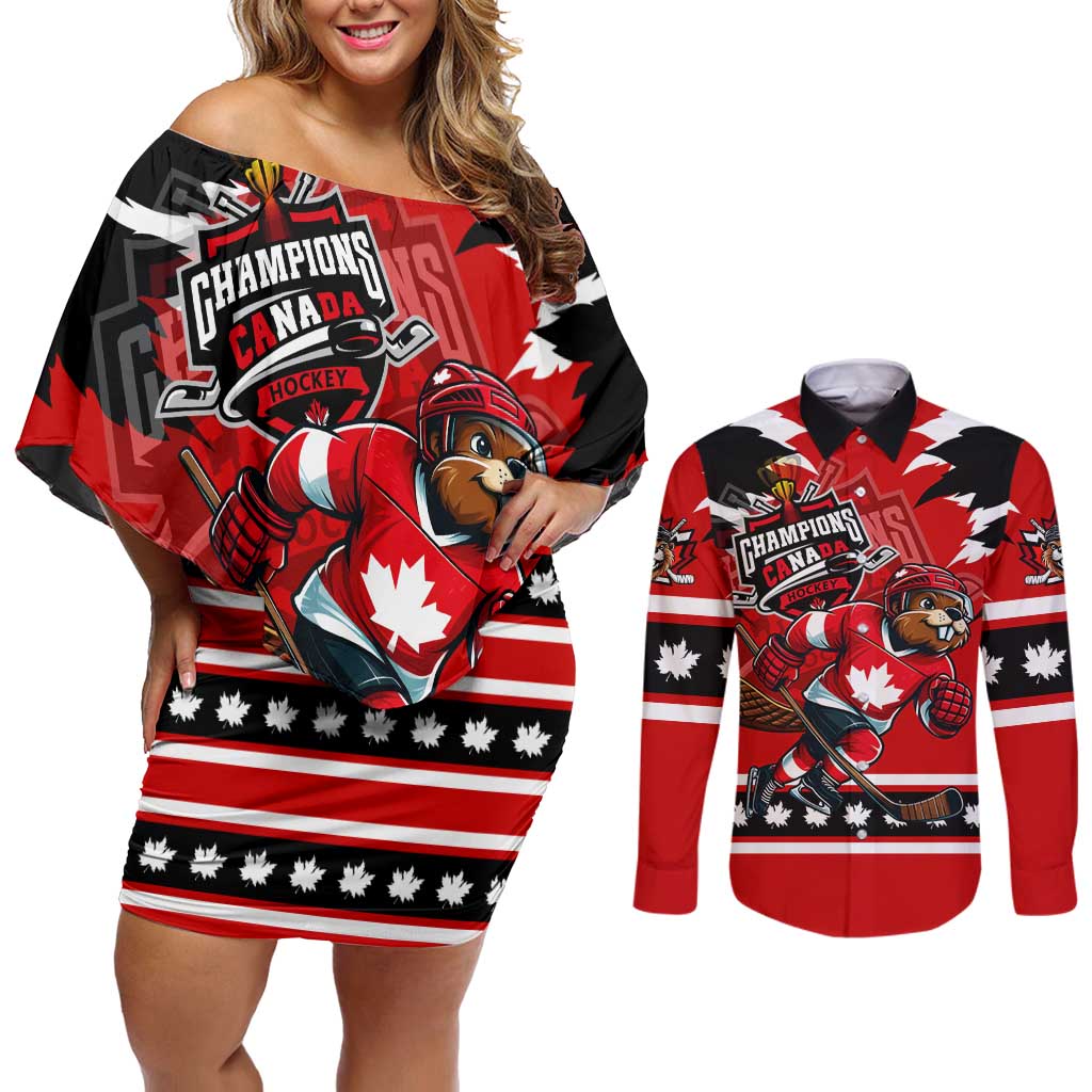 Personalized Champions Canada Hockey Couples Matching Off Shoulder Short Dress and Long Sleeve Button Shirt Fierce Beaver on Ice