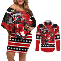 Personalized Champions Canada Hockey Couples Matching Off Shoulder Short Dress and Long Sleeve Button Shirt Fierce Beaver on Ice
