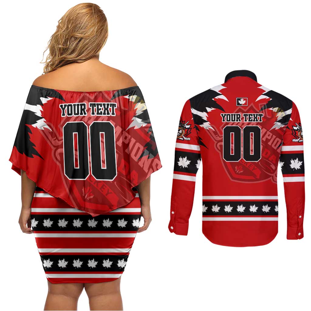 Personalized Champions Canada Hockey Couples Matching Off Shoulder Short Dress and Long Sleeve Button Shirt Fierce Beaver on Ice