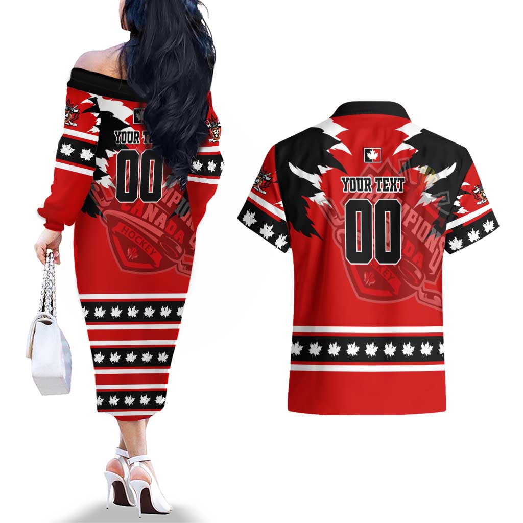 Personalized Champions Canada Hockey Couples Matching Off The Shoulder Long Sleeve Dress and Hawaiian Shirt Fierce Beaver on Ice