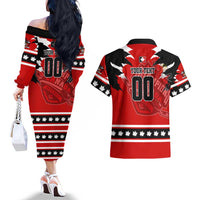 Personalized Champions Canada Hockey Couples Matching Off The Shoulder Long Sleeve Dress and Hawaiian Shirt Fierce Beaver on Ice