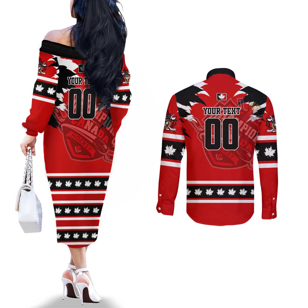 Personalized Champions Canada Hockey Couples Matching Off The Shoulder Long Sleeve Dress and Long Sleeve Button Shirt Fierce Beaver on Ice