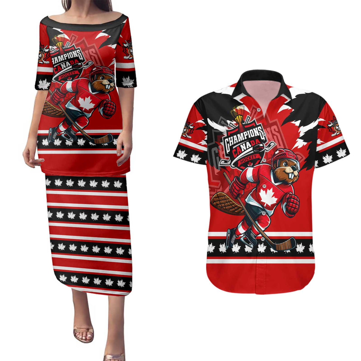 Personalized Champions Canada Hockey Couples Matching Puletasi and Hawaiian Shirt Fierce Beaver on Ice