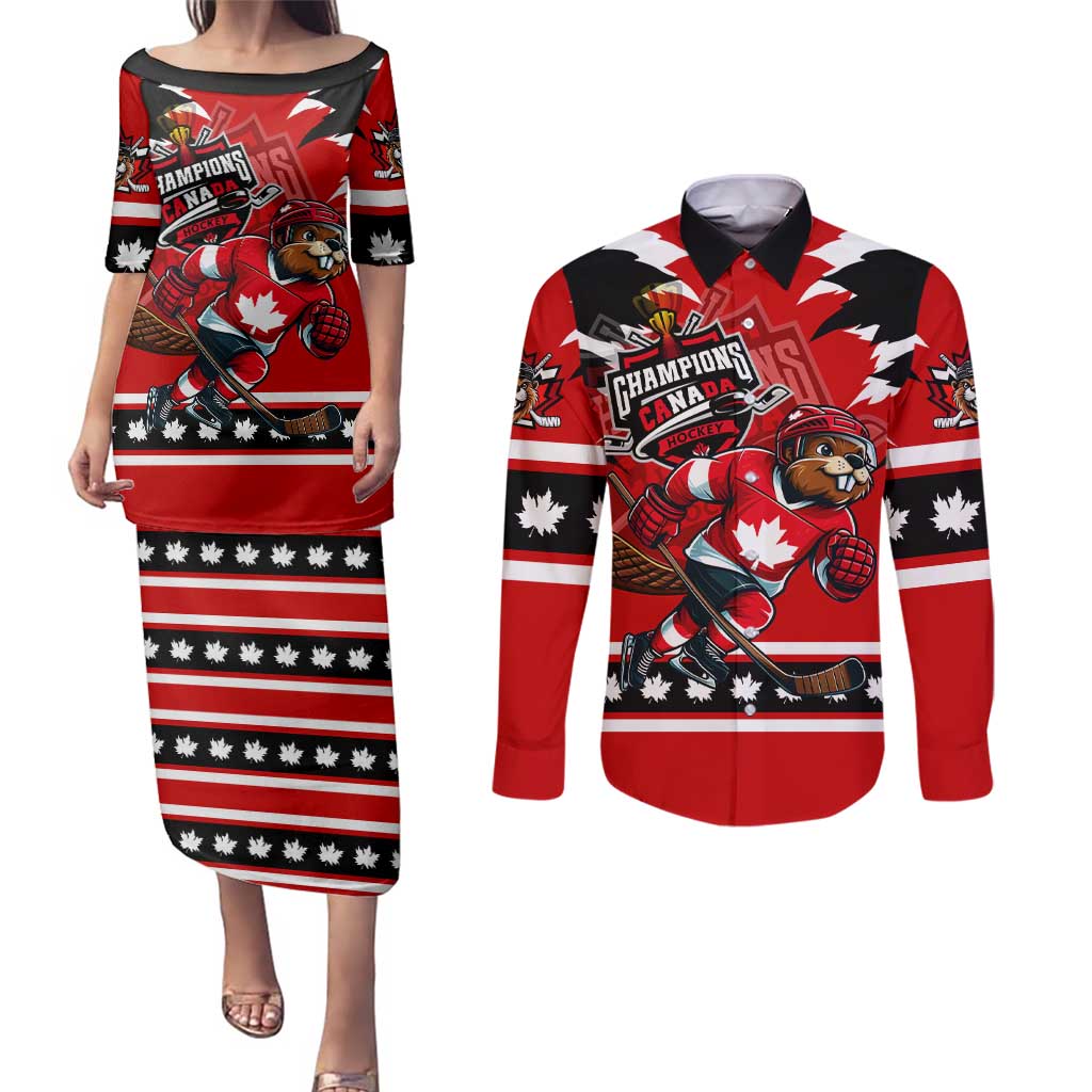 Personalized Champions Canada Hockey Couples Matching Puletasi and Long Sleeve Button Shirt Fierce Beaver on Ice