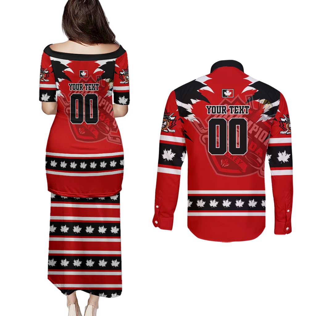 Personalized Champions Canada Hockey Couples Matching Puletasi and Long Sleeve Button Shirt Fierce Beaver on Ice