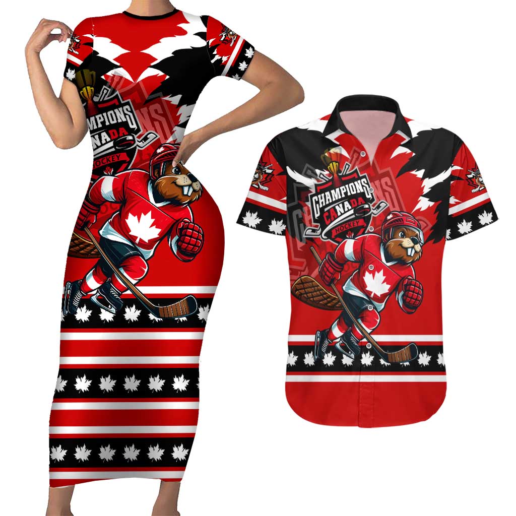 Personalized Champions Canada Hockey Couples Matching Short Sleeve Bodycon Dress and Hawaiian Shirt Fierce Beaver on Ice