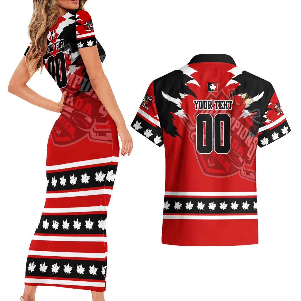 Personalized Champions Canada Hockey Couples Matching Short Sleeve Bodycon Dress and Hawaiian Shirt Fierce Beaver on Ice
