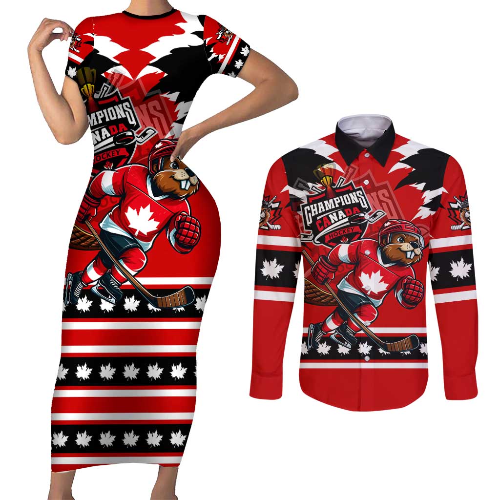 Personalized Champions Canada Hockey Couples Matching Short Sleeve Bodycon Dress and Long Sleeve Button Shirt Fierce Beaver on Ice