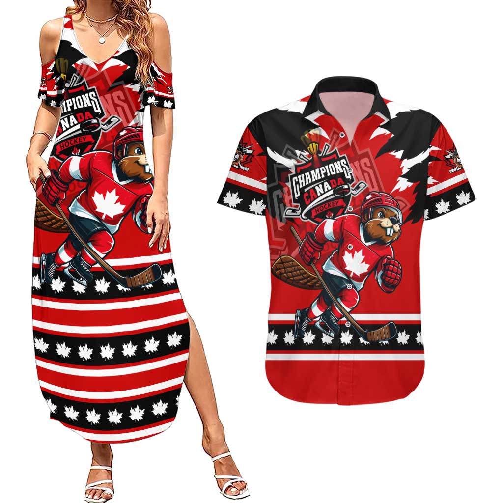 Personalized Champions Canada Hockey Couples Matching Summer Maxi Dress and Hawaiian Shirt Fierce Beaver on Ice