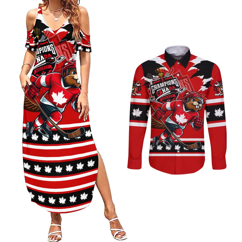Personalized Champions Canada Hockey Couples Matching Summer Maxi Dress and Long Sleeve Button Shirt Fierce Beaver on Ice