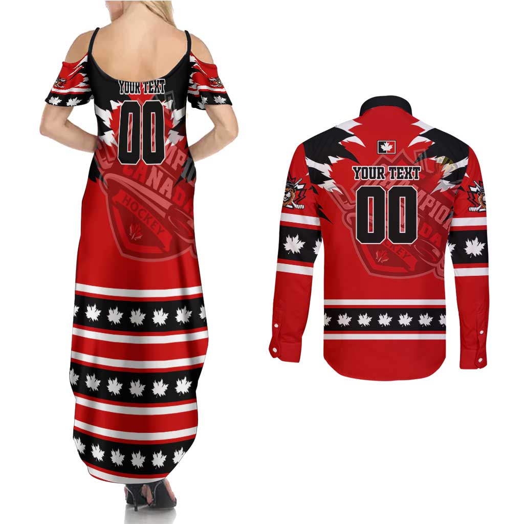 Personalized Champions Canada Hockey Couples Matching Summer Maxi Dress and Long Sleeve Button Shirt Fierce Beaver on Ice