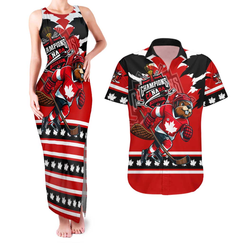 Personalized Champions Canada Hockey Couples Matching Tank Maxi Dress and Hawaiian Shirt Fierce Beaver on Ice