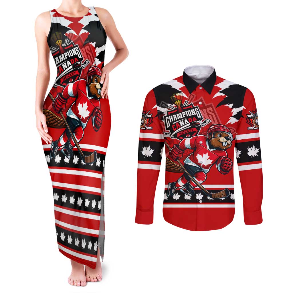 Personalized Champions Canada Hockey Couples Matching Tank Maxi Dress and Long Sleeve Button Shirt Fierce Beaver on Ice