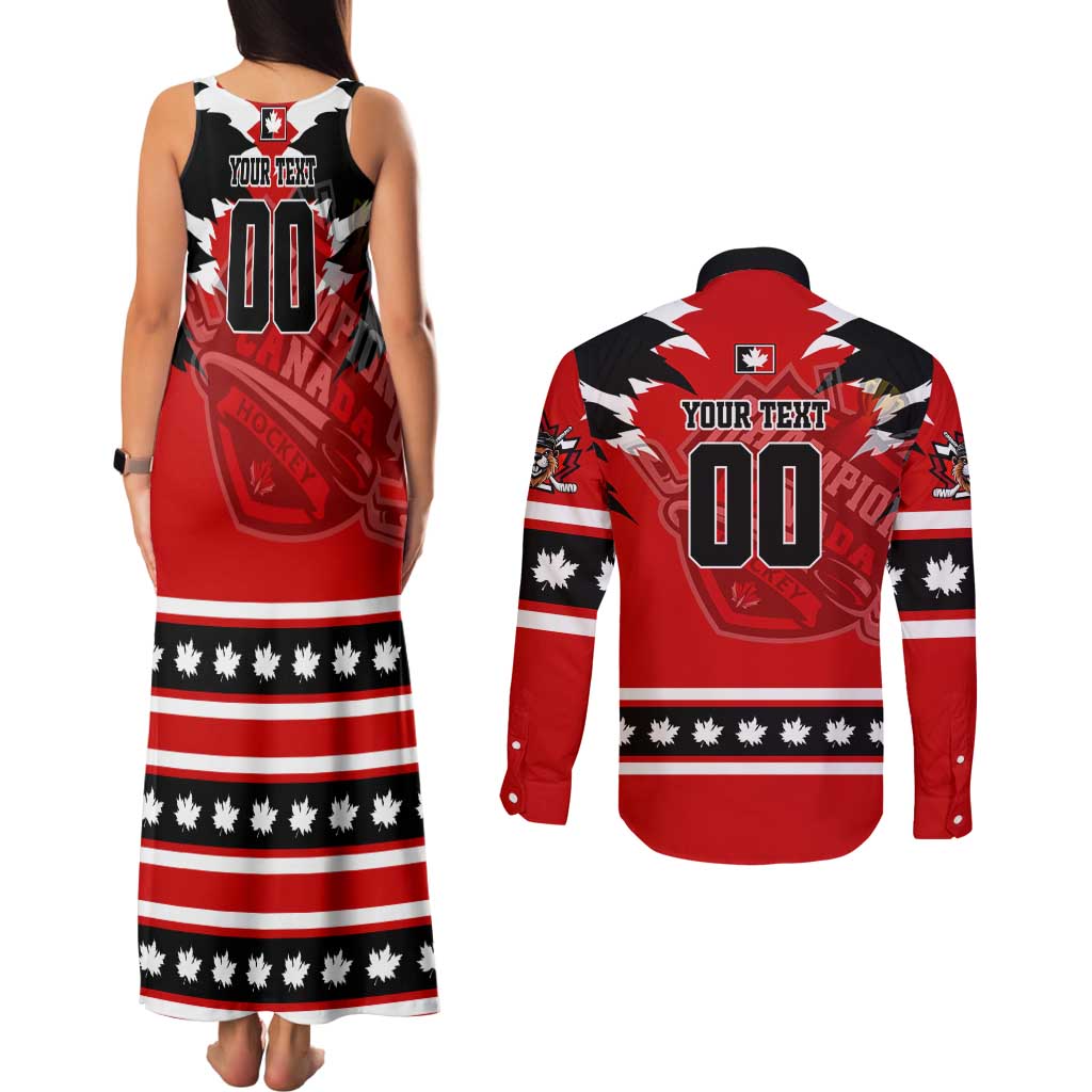 Personalized Champions Canada Hockey Couples Matching Tank Maxi Dress and Long Sleeve Button Shirt Fierce Beaver on Ice