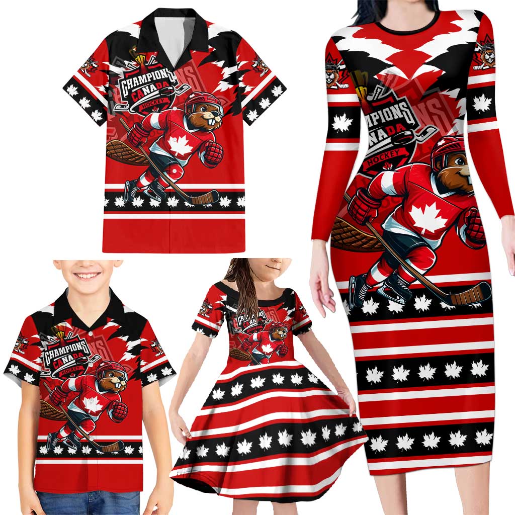 Personalized Champions Canada Hockey Family Matching Long Sleeve Bodycon Dress and Hawaiian Shirt Fierce Beaver on Ice