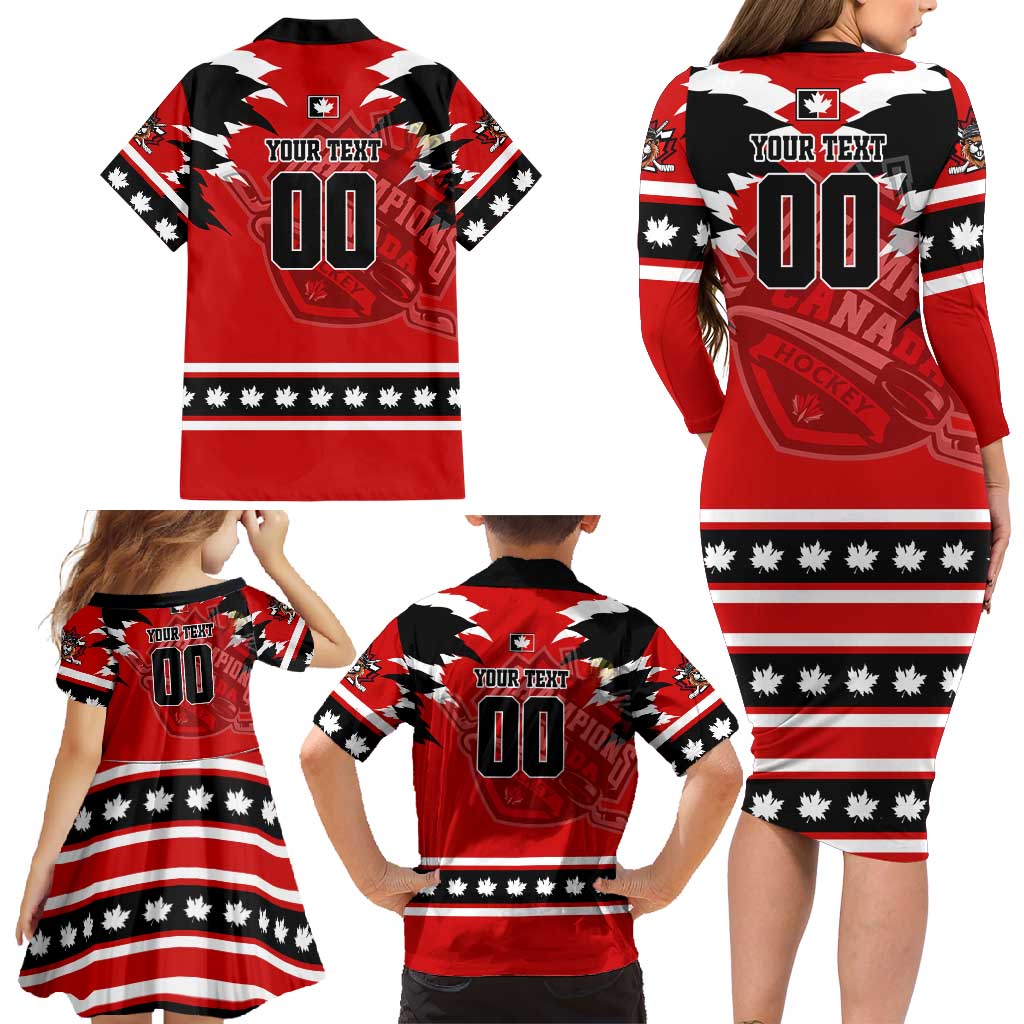 Personalized Champions Canada Hockey Family Matching Long Sleeve Bodycon Dress and Hawaiian Shirt Fierce Beaver on Ice
