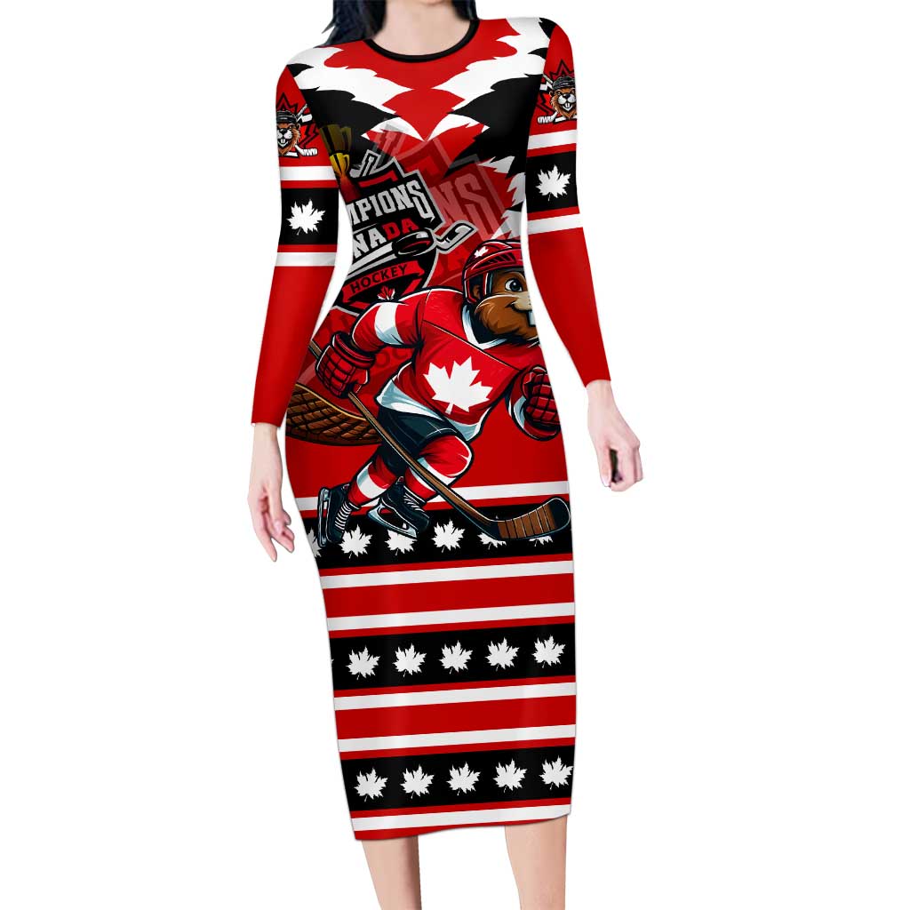 Personalized Champions Canada Hockey Family Matching Long Sleeve Bodycon Dress and Hawaiian Shirt Fierce Beaver on Ice