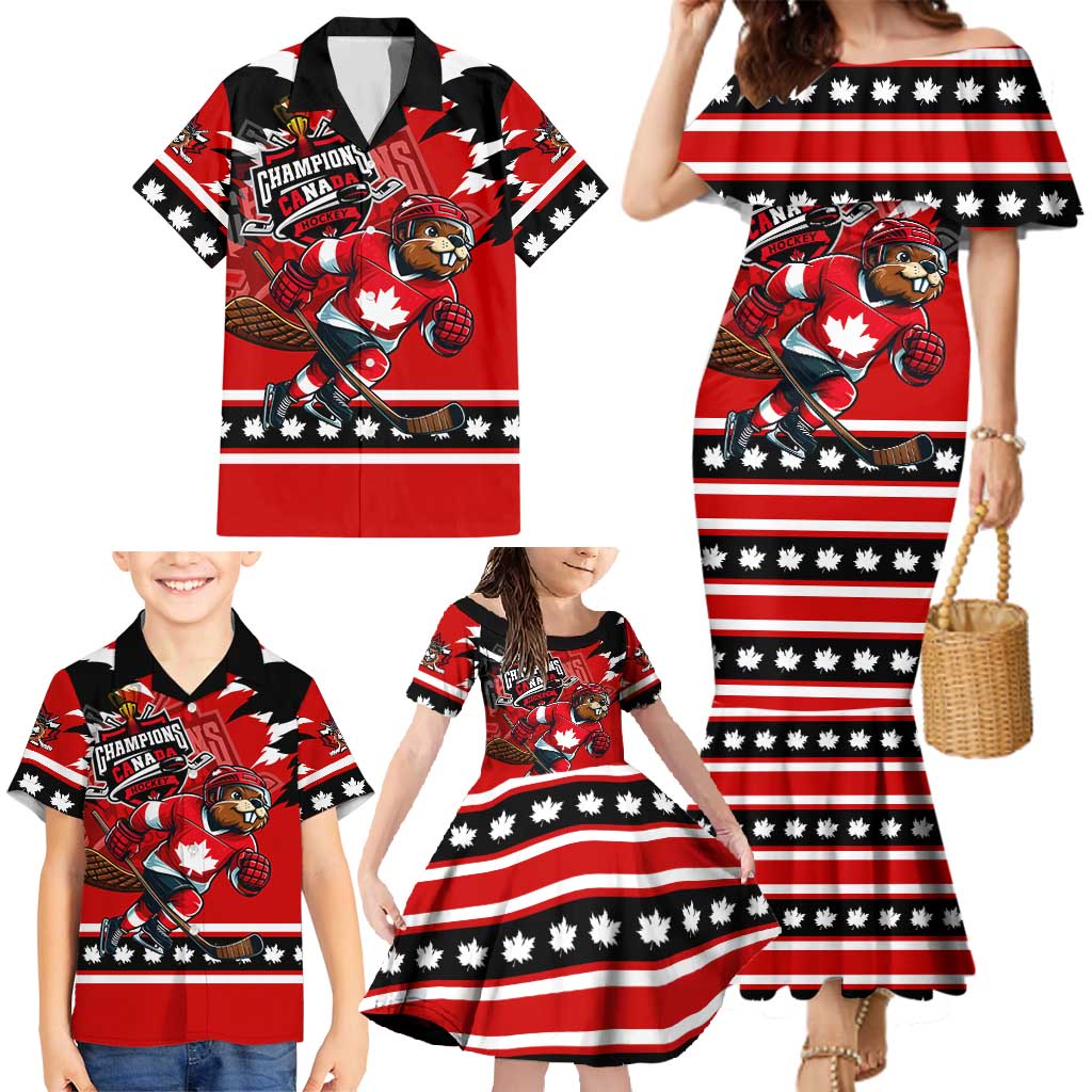 Personalized Champions Canada Hockey Family Matching Mermaid Dress and Hawaiian Shirt Fierce Beaver on Ice