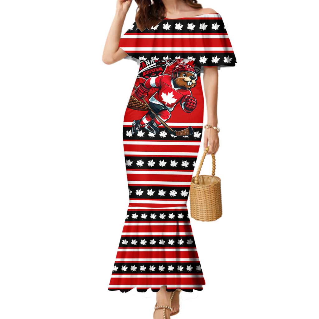 Personalized Champions Canada Hockey Family Matching Mermaid Dress and Hawaiian Shirt Fierce Beaver on Ice