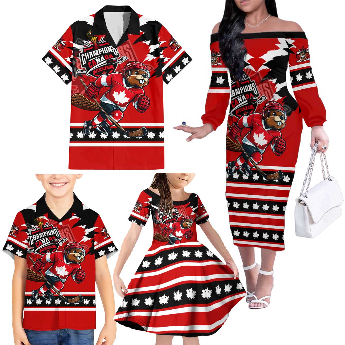 Personalized Champions Canada Hockey Family Matching Off The Shoulder Long Sleeve Dress and Hawaiian Shirt Fierce Beaver on Ice