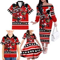 Personalized Champions Canada Hockey Family Matching Off The Shoulder Long Sleeve Dress and Hawaiian Shirt Fierce Beaver on Ice